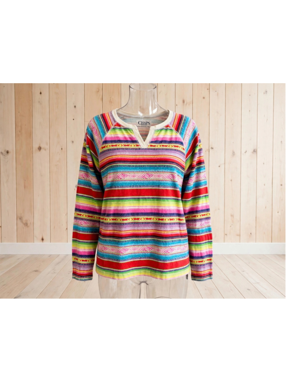 Chaps Sport Women's 1X Colorful Aztec Serape Stripe Long Sleeve Top - Boho
